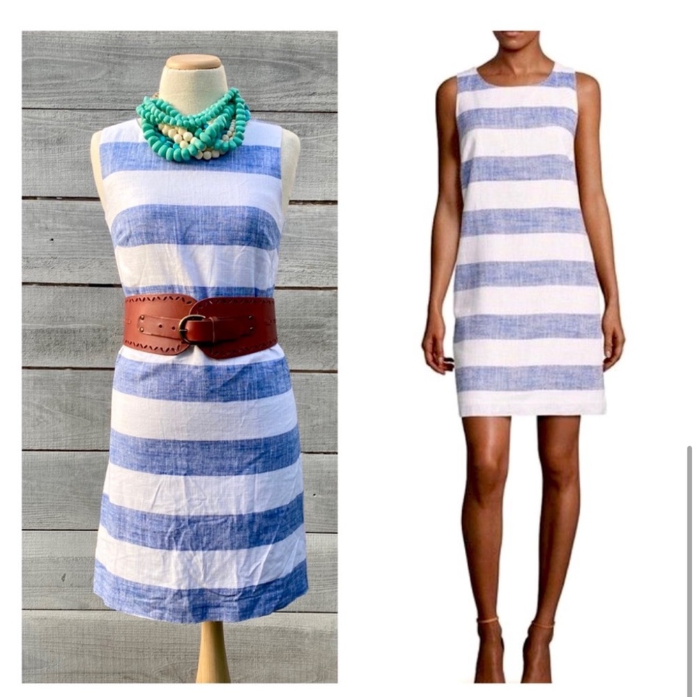 Saks Fifth Avenue Linen Striped Sheath Dress  Preppy XS